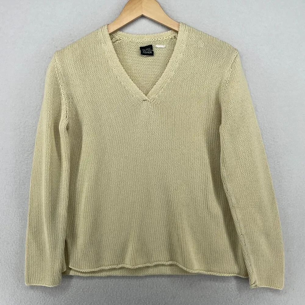 EILEEN FISHER Sweater S Cotton Chunky V-Neck Rolled Hem Pullover Off White VTG